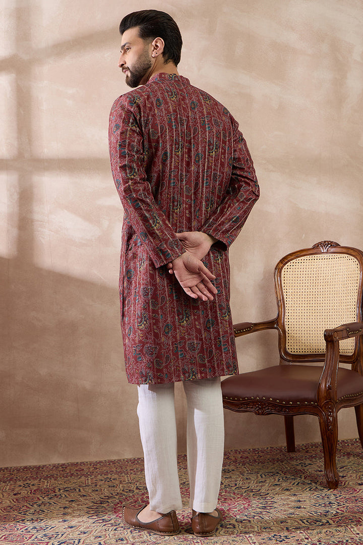 Maroon Silk Blend Printed Mandarin Collar Straight Kurta With Trouser | SHOBITAM