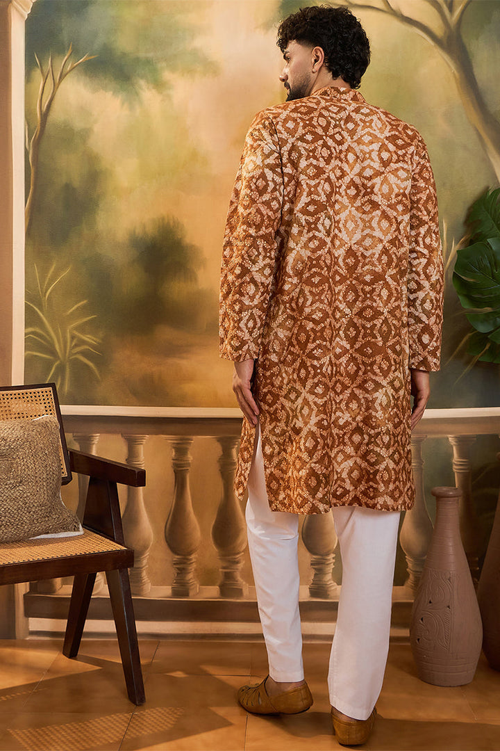 Brown Cotton Batik Embroidered Straight Kurta  | SHOBITAM