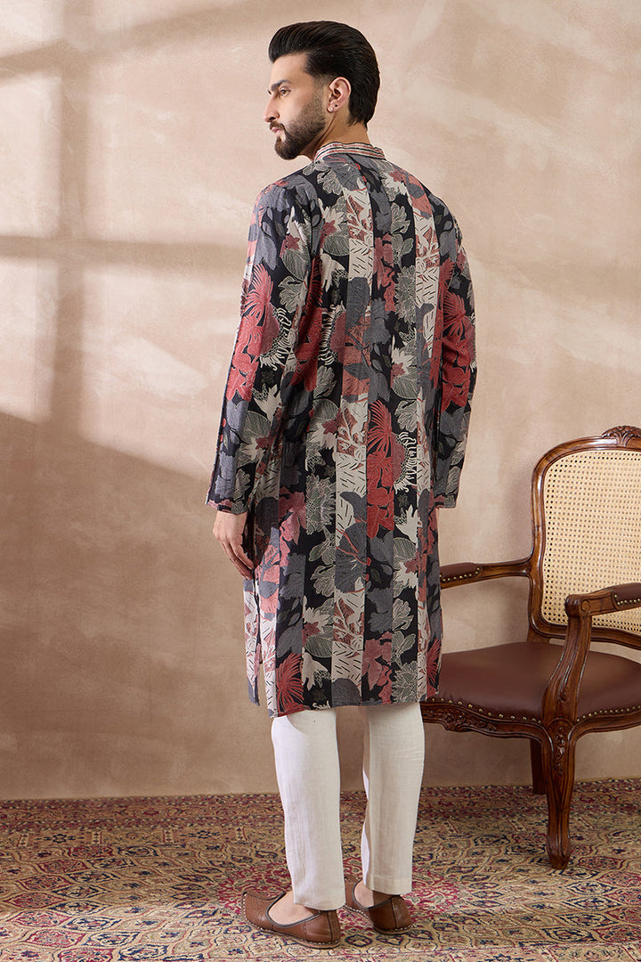 Black Silk Blend Printed Mandarin Collar Straight Kurta For Men | SHOBITAM