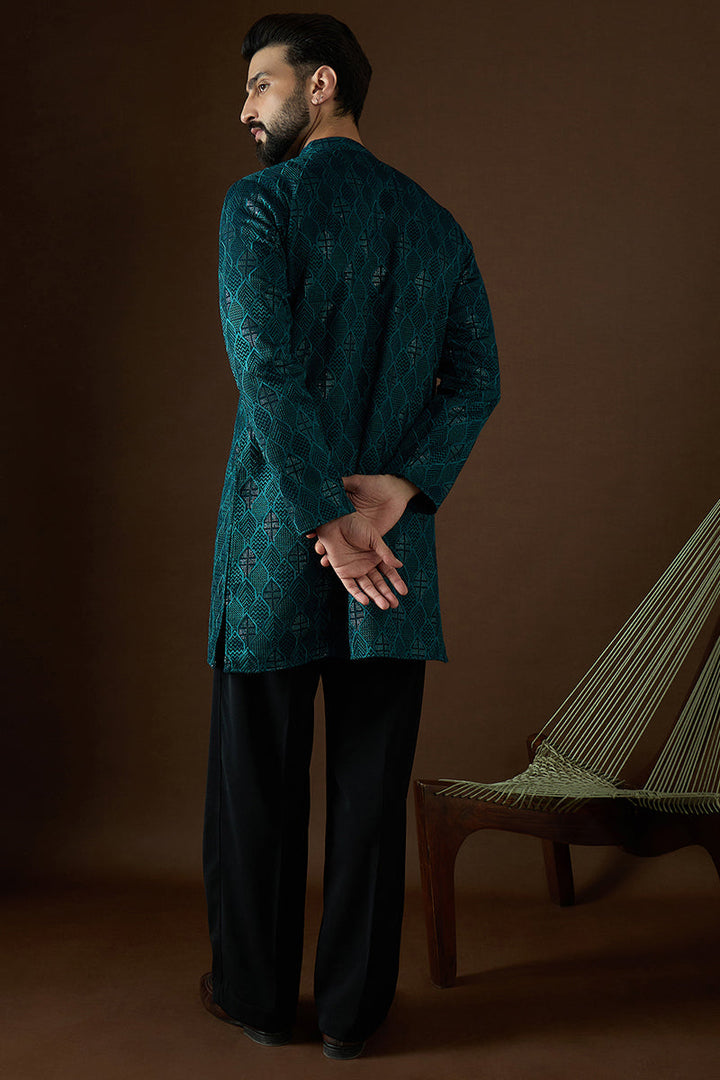 Teal Georgette Solid Embroidered Straight Kurta | SHOBITAM