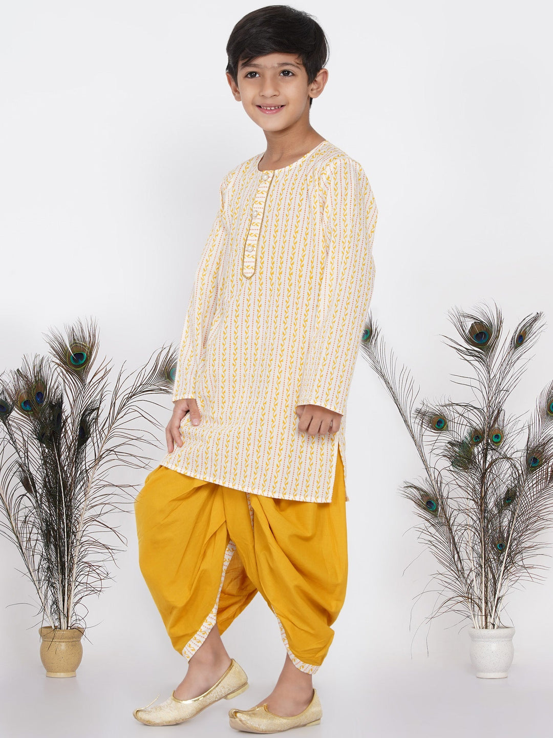Boys Leaf Print Kurta with Pearl Buttons and Dhoti in Cream and yellow  | SHOBITAM