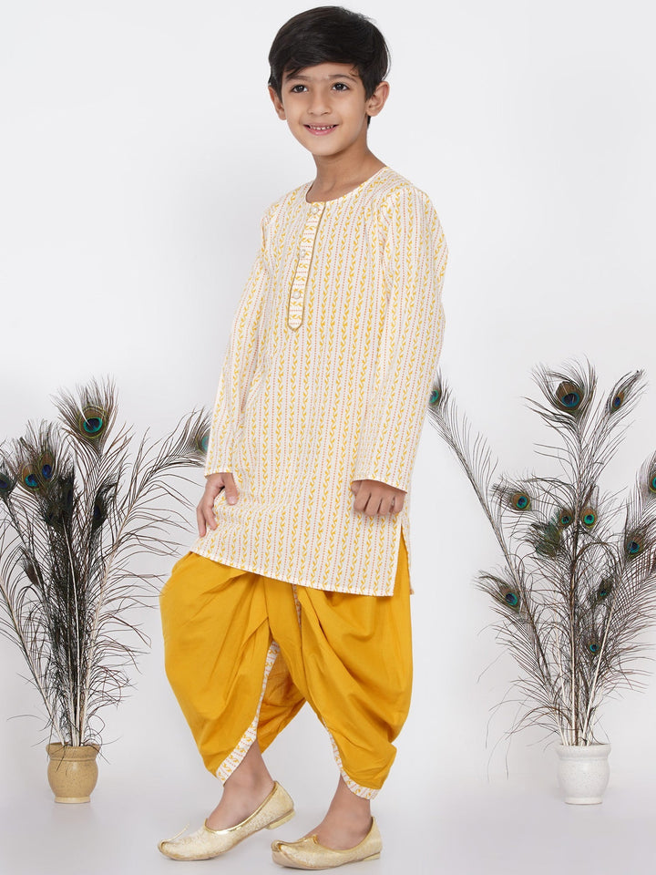 Boys Leaf Print Kurta with Pearl Buttons and Dhoti in Cream and yellow  | SHOBITAM