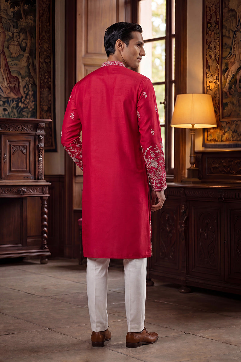 Men Pink Silk Blend Solid Embroidered Straight Kurta Trouser with Dupatta  | SHOBITAM