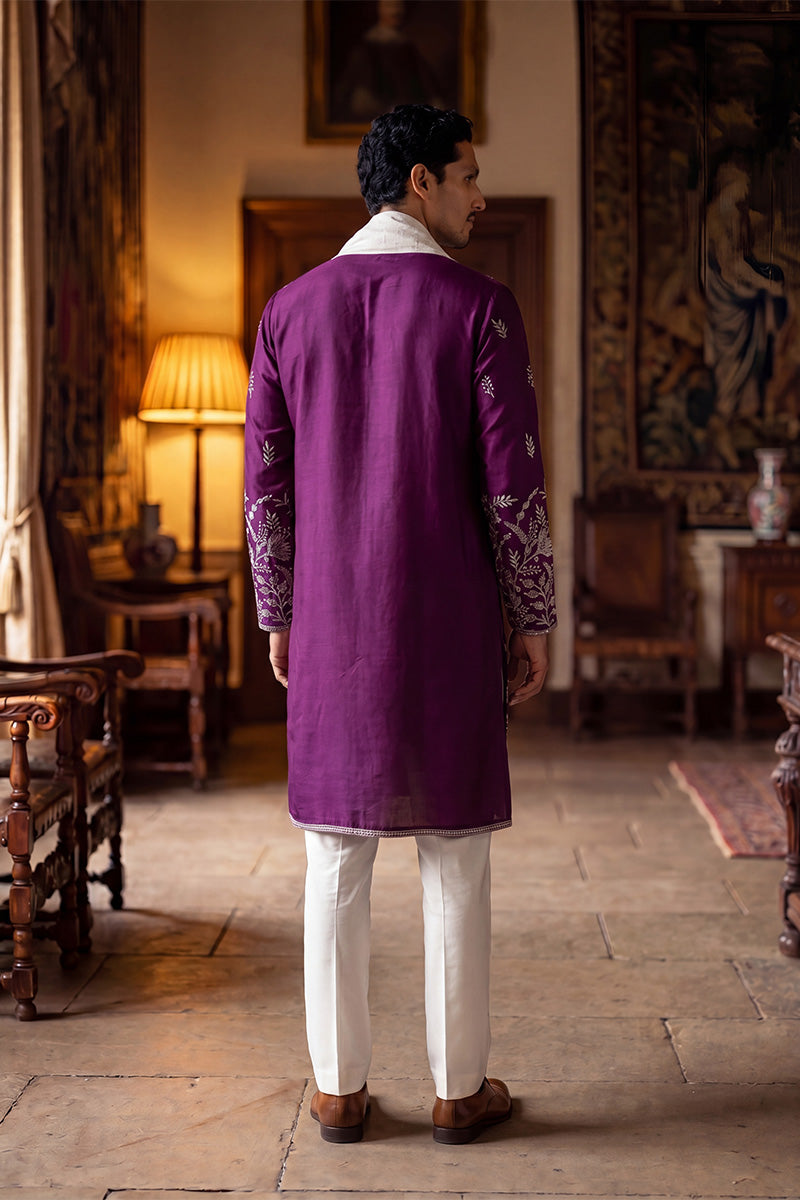 Men Purple Silk Blend Solid Embroidered Straight Kurta Trouser with Dupatta  | SHOBITAM
