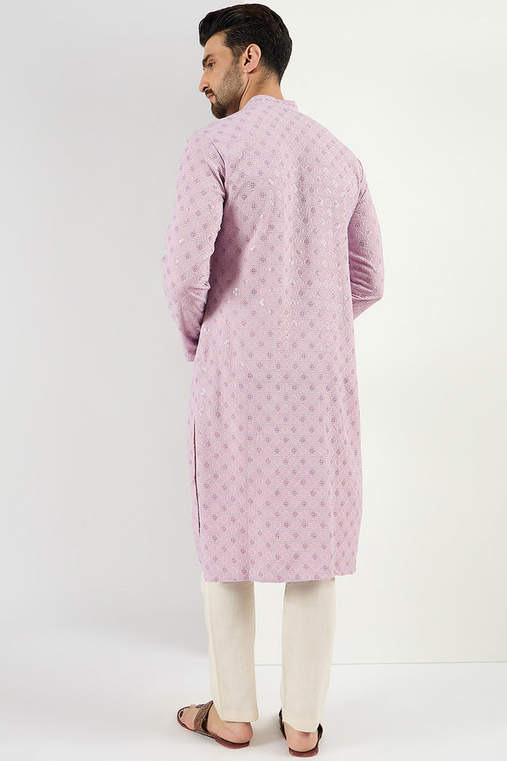 Purple Viscose Rayon Solid Embroidered Straight Kurta With Pant Set | SHOBITAM