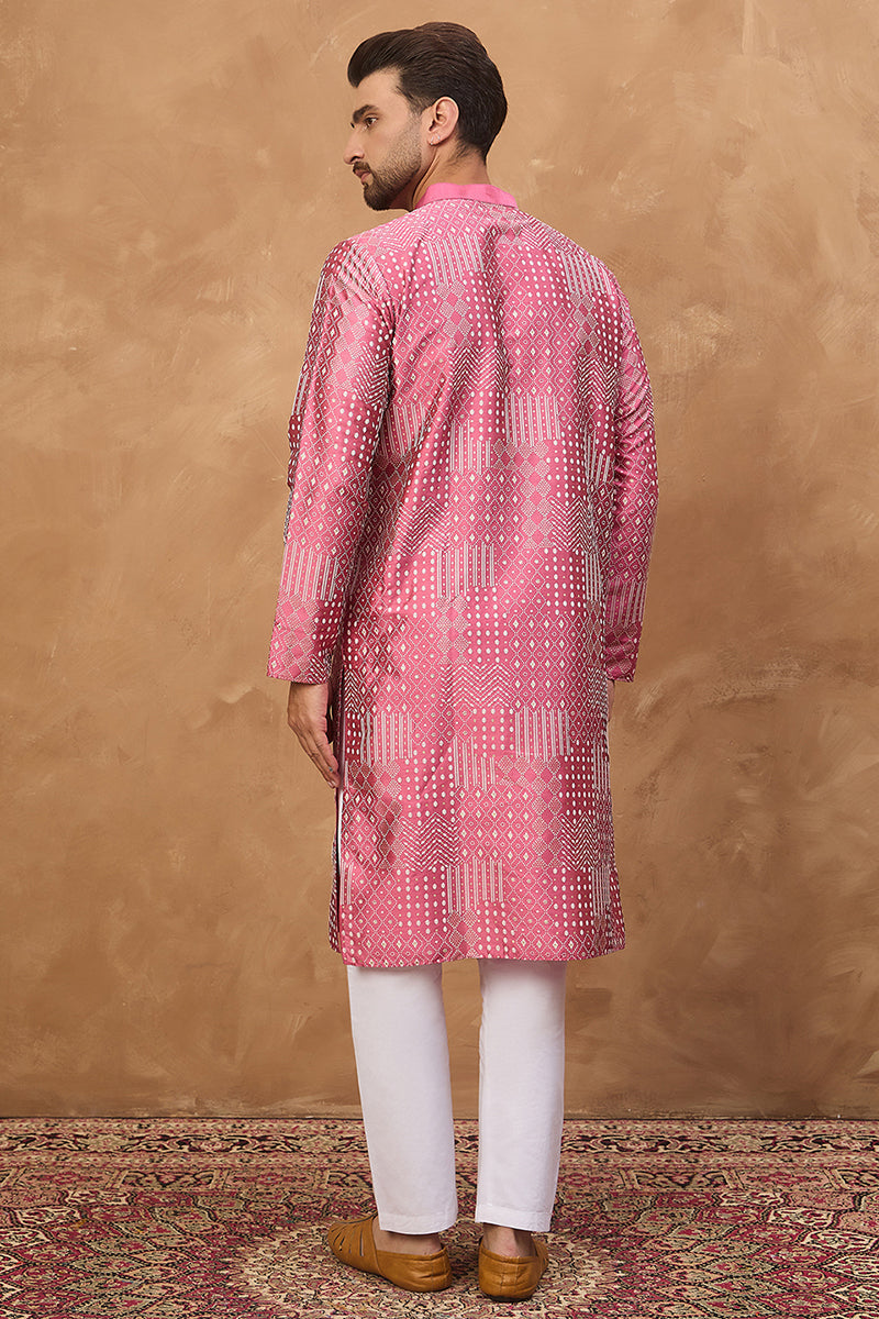 Pink Silk Blend Geometric Printed Straight Kurta  | SHOBITAM