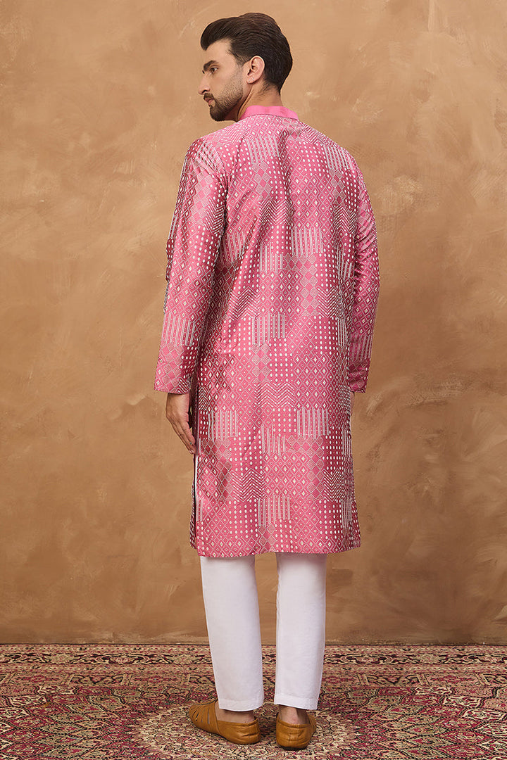 Pink Silk Blend Geometric Printed Straight Kurta  | SHOBITAM