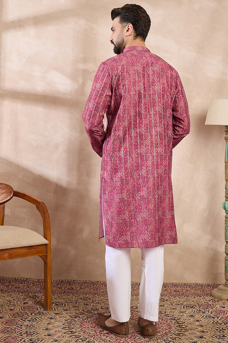 Pink Silk Blend Ethnic Motifs Printed Straight Kurta For Men | SHOBITAM