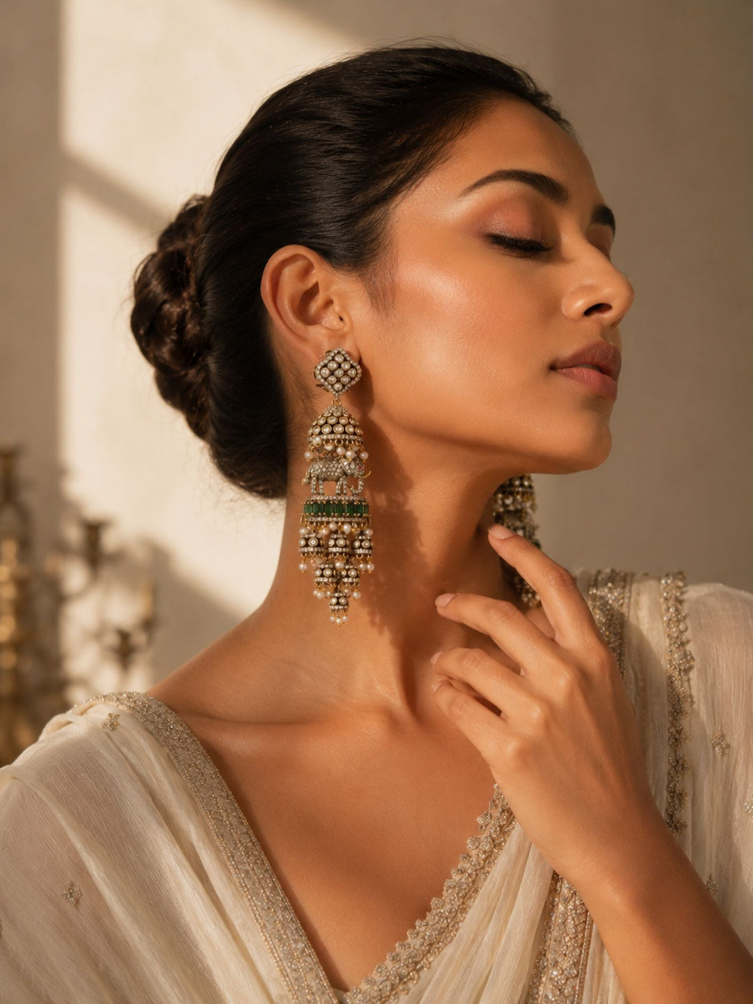 Elephant Pearl Green Jhumka Earrings | SHOBITAM
