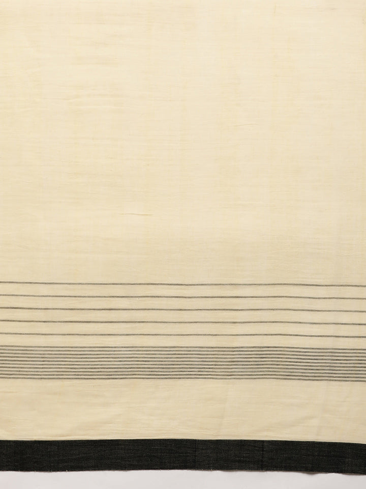 Yellow Cream Colour Block Cotton Saree with pompoms