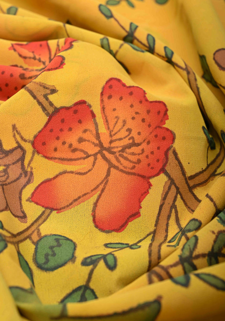 Floral and Birds Theme : Yellow Authentic pen kalamkari on pure Georgette Silk Saree with Lace Border | SILK MARK CERTIFIED