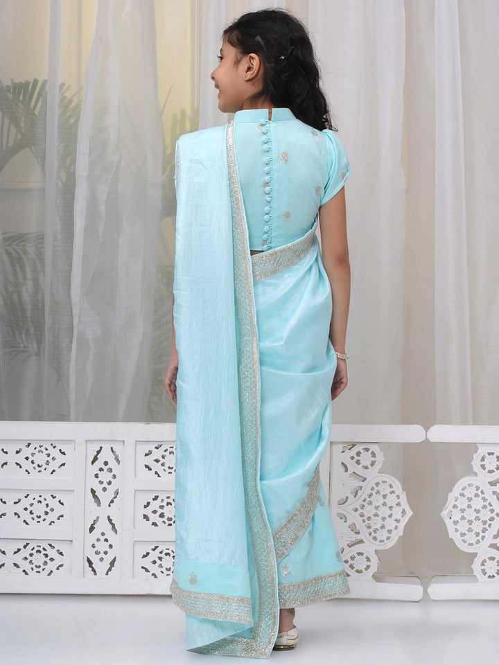 Girls Cotton Puff Sleeves Rose Embroidery Ready to wear Blouse with Ready to wear Chanderi Saree - Sky Blue | SHOBITAM
