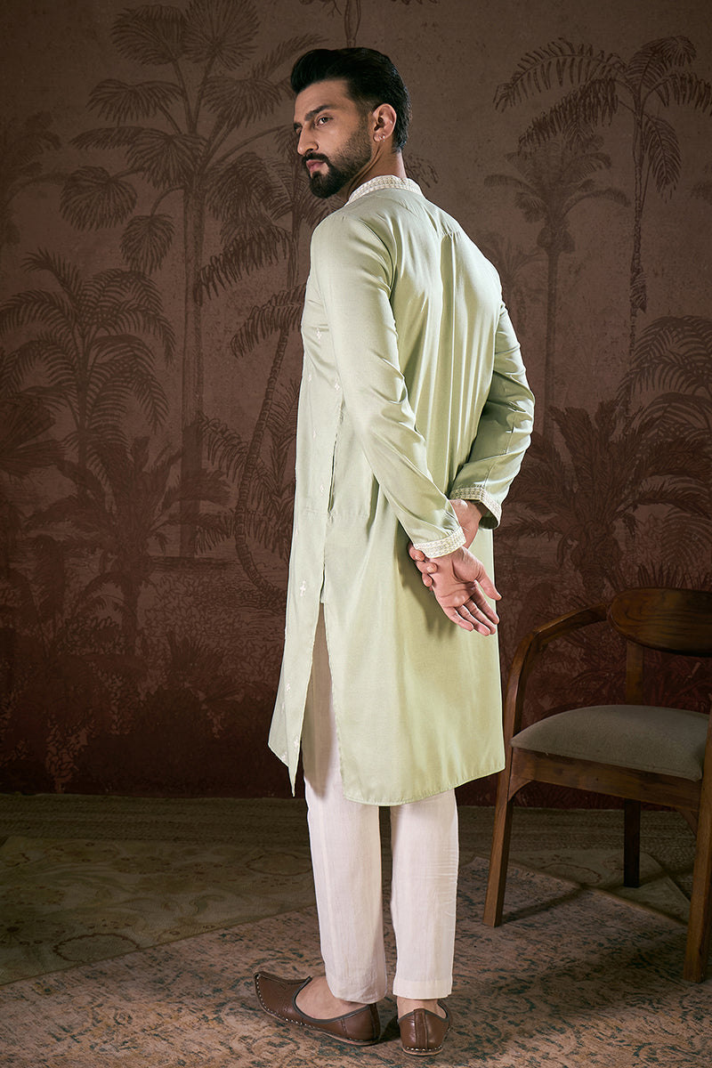 Green Silk Blend Solid Embroidered Straight Kurta | SHOBITAM