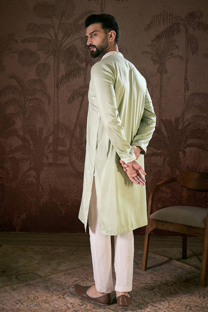 Green Silk Blend Solid Embroidered Straight Kurta | SHOBITAM