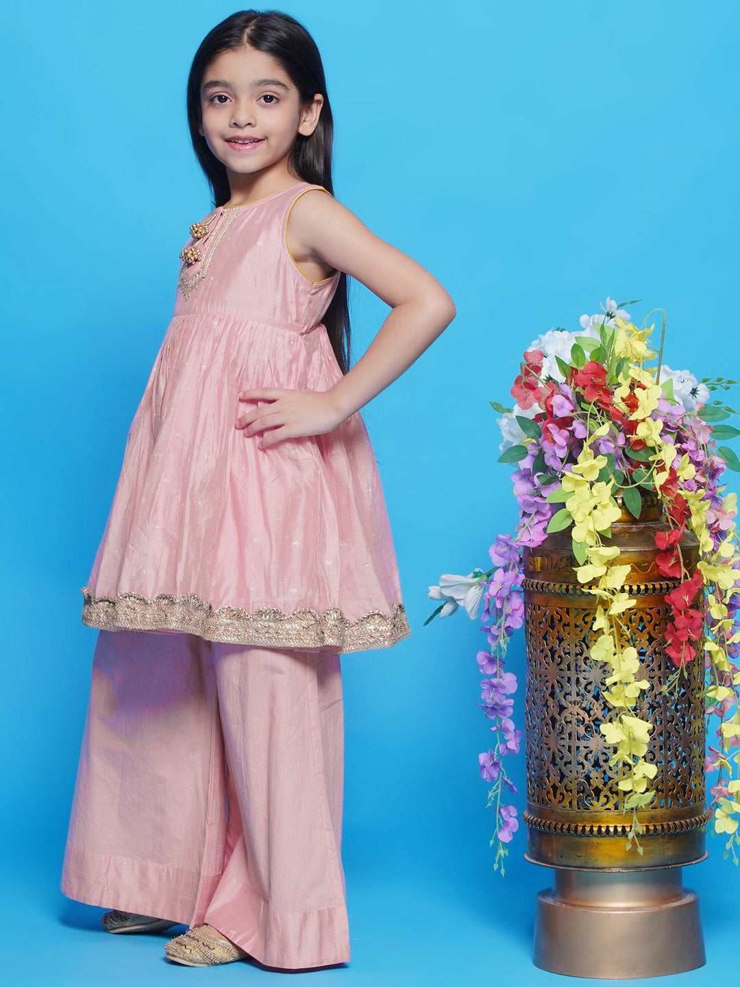 Chanderi Golden work Butta Kurta Plazzo Set - Peachish Pink | SHOBITAM