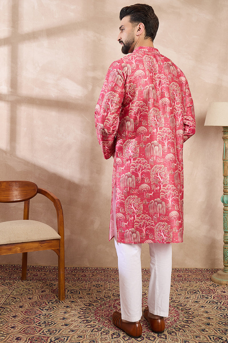 Pink Silk Blend Abstract Printed Straight Kurta For Men | SHOBITAM
