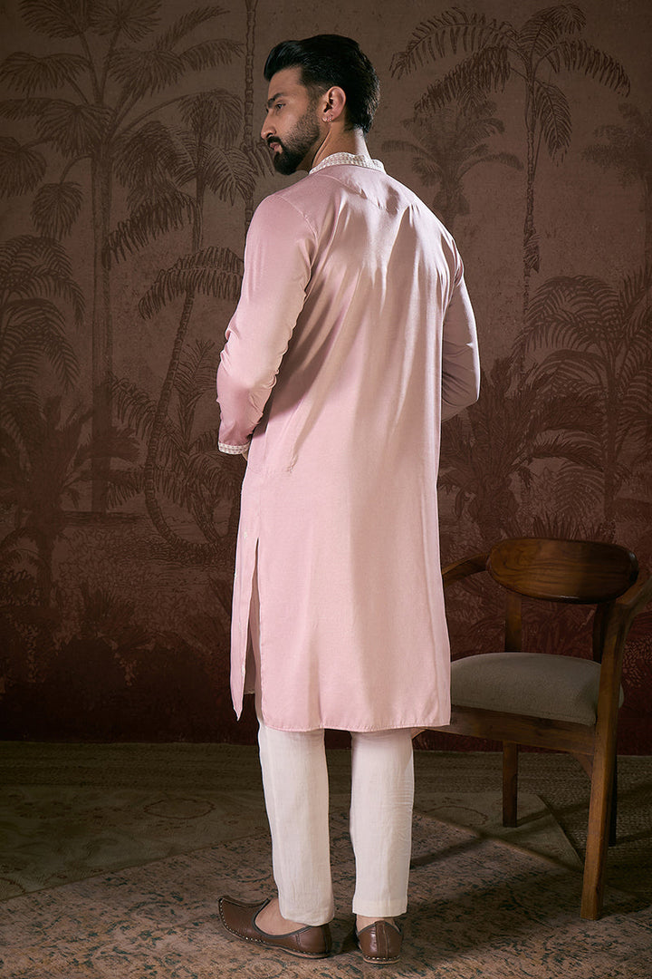 Pink Silk Blend Solid Embroidered Straight Kurta | SHOBITAM