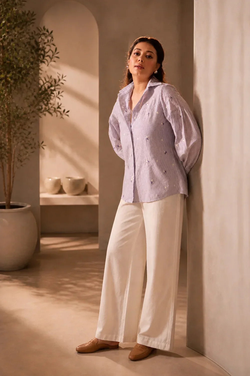Lavender Pure Cotton Embriodered Shirt | SHOBITAM