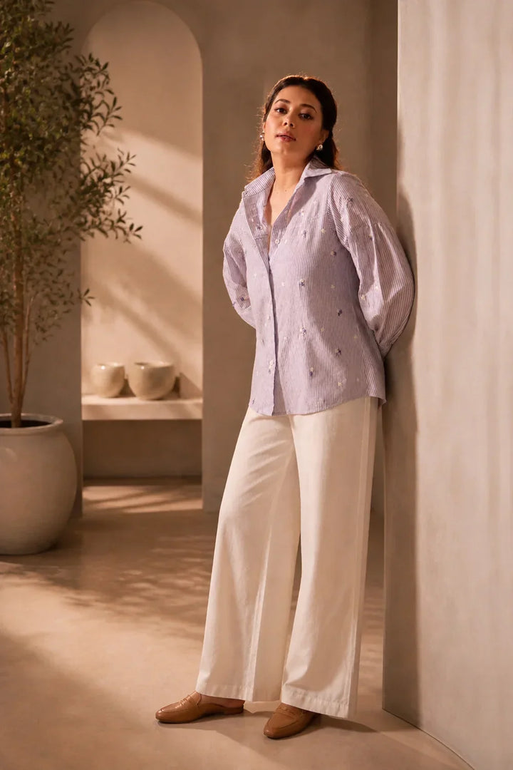 Lavender Pure Cotton Embriodered Shirt | SHOBITAM