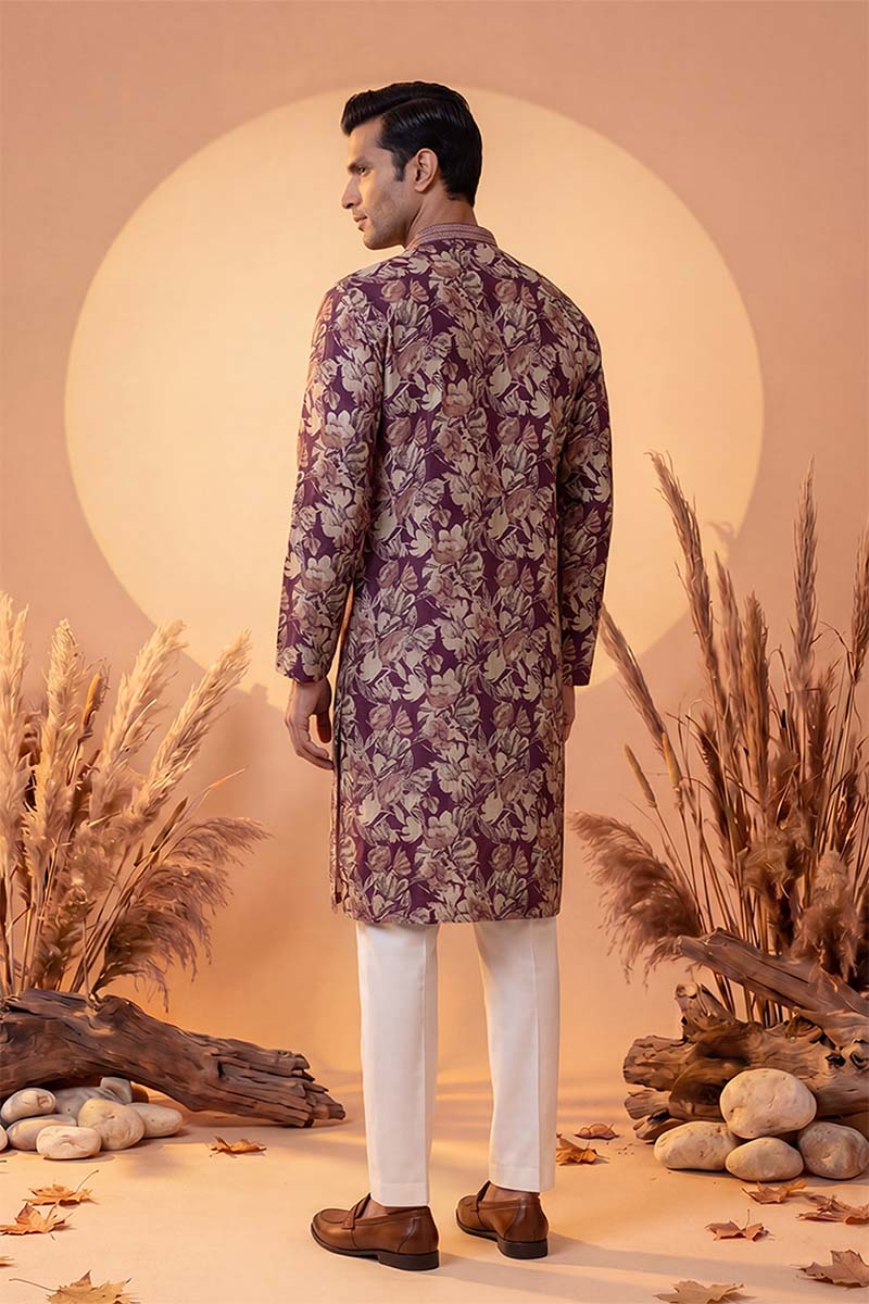 Mens Purple Viscose Rayon Floral Printed Kurta With Trousers | SHOBITAM