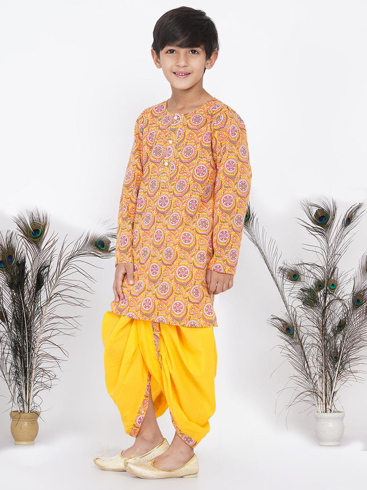 Boys Floral Kurta with Pearl Buttons and Dhoti in Yellow  | SHOBITAM