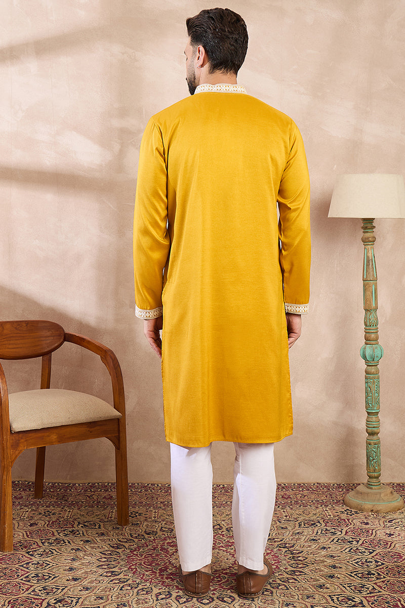 Yellow Silk Blend Ethnic Motifs Embroidered Straight Kurta | SHOBITAM