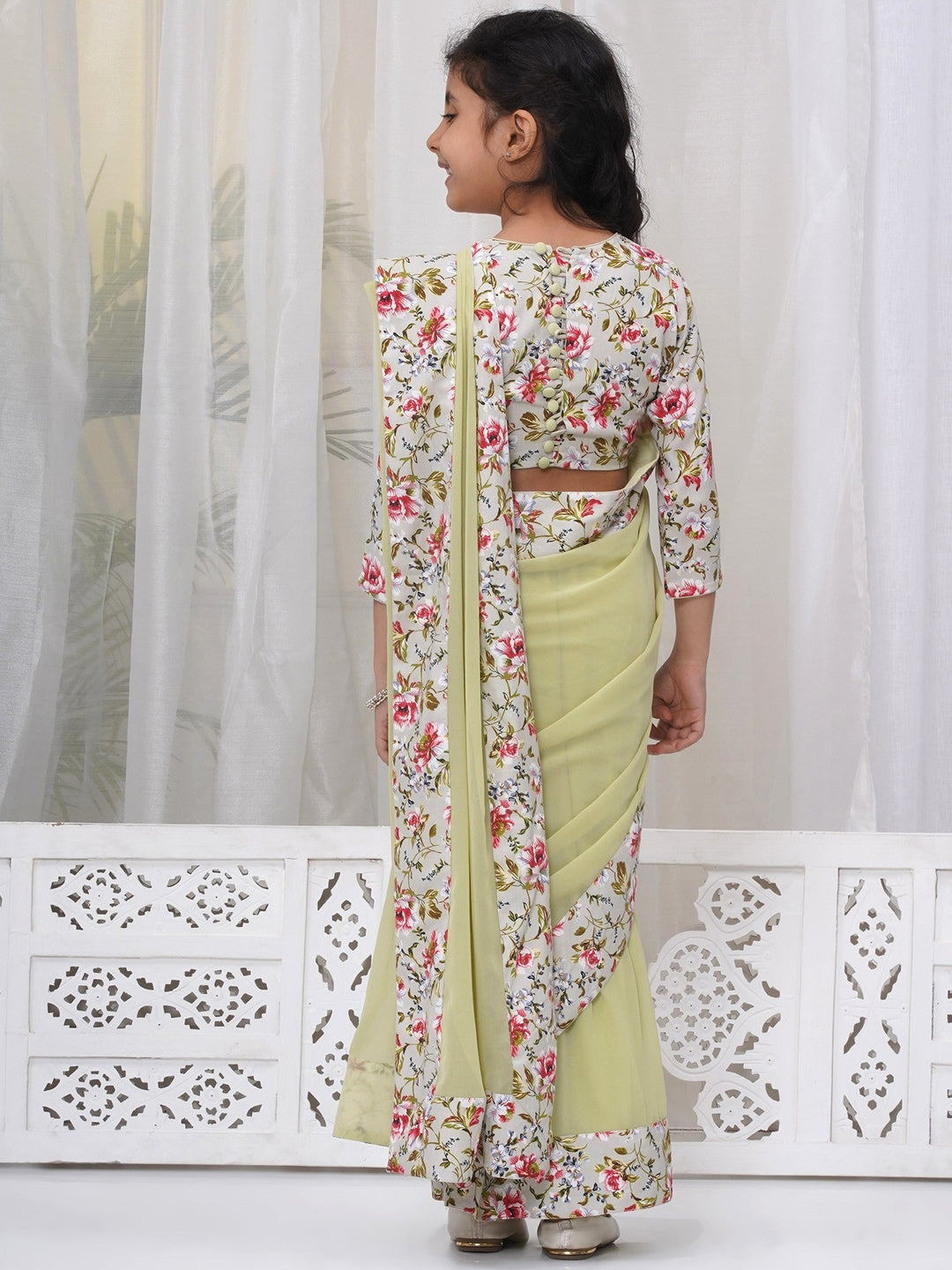 Girls Cotton Three Fourth Sleeves Floral Print Ready to wear Blouse with Ready to wear Georgette Saree - Apple Green | SHOBITAM
