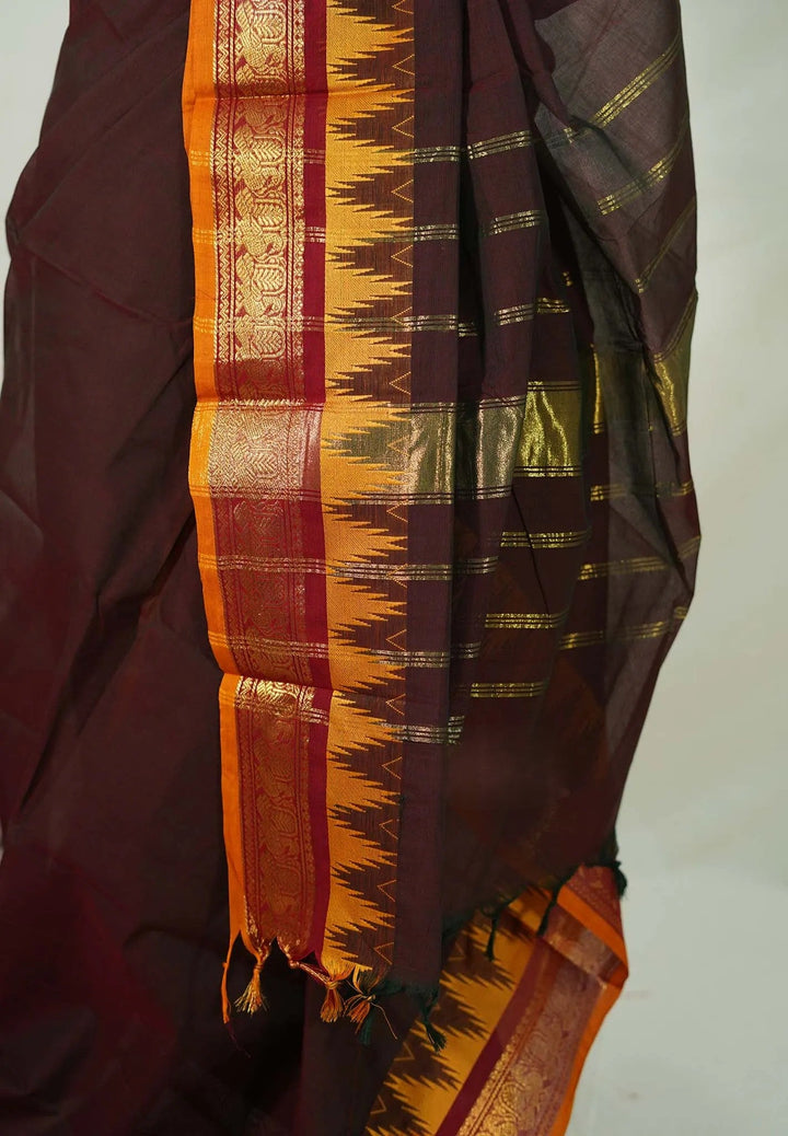 Coffee Chettinad Cotton Saree with Zari detailing