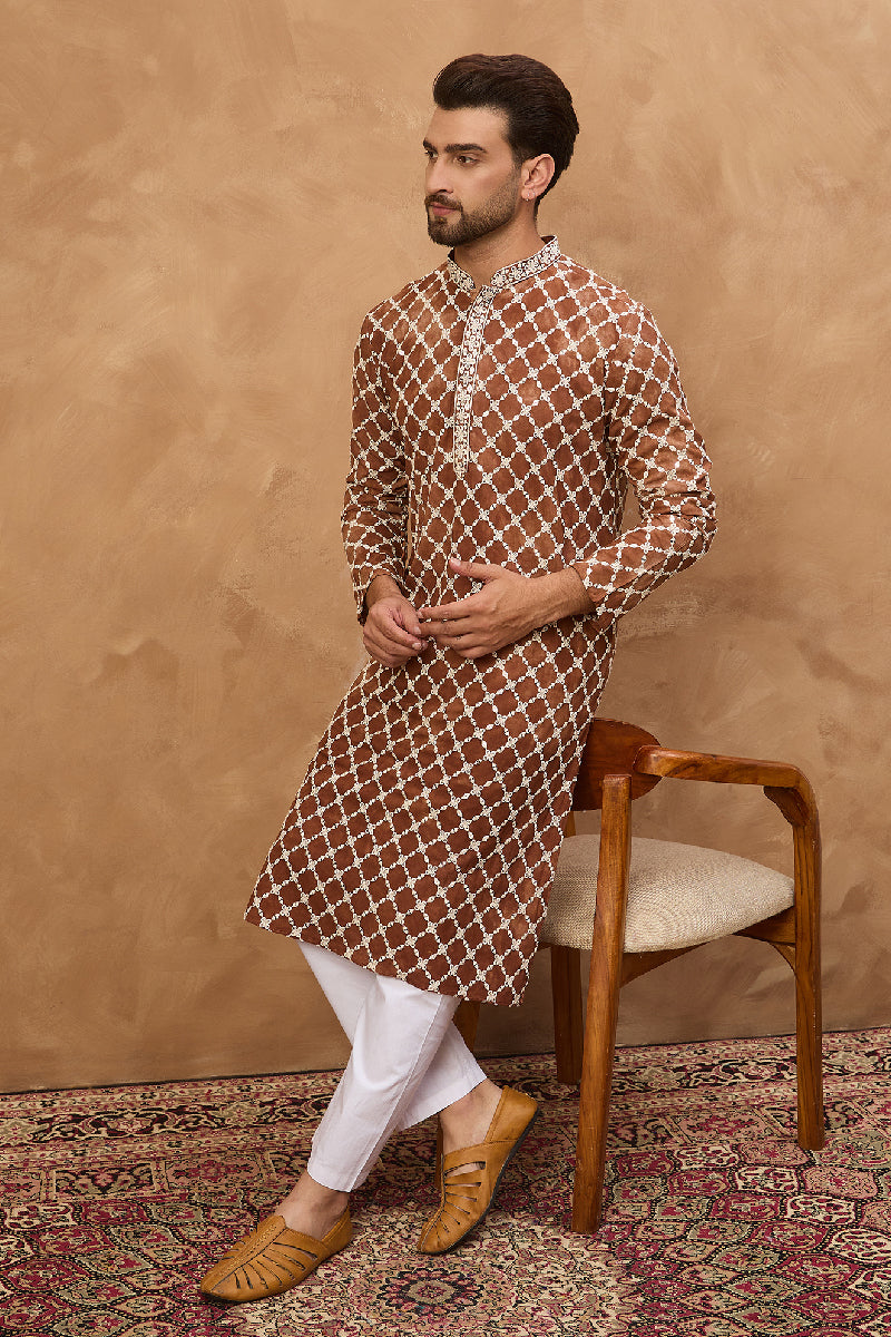 Brown Viscose Rayon Solid Embroidered Straight Kurta With Pant Set | Shobitam