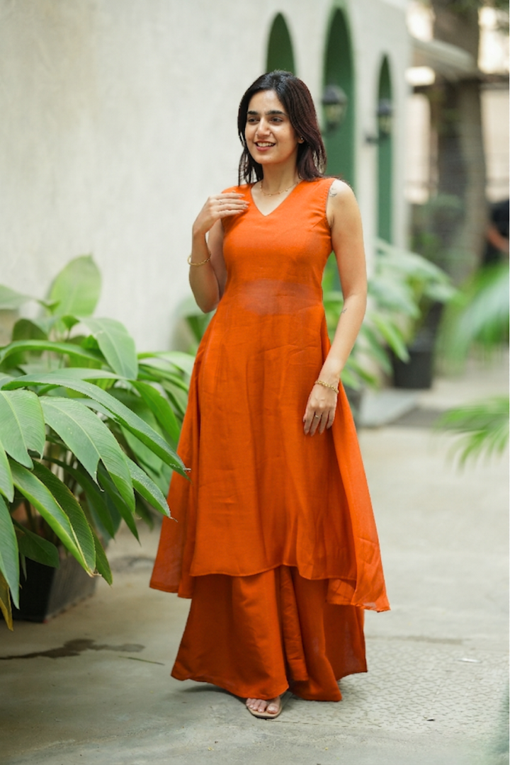 Nandhitha Rust Orange Kurta Set ( Set of 2) | SHOBITAM