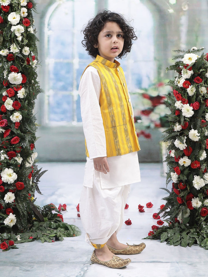 Yellow Ikat Nehru Jacket with Cotton Kurta Dhoti Set | SHOBITAM