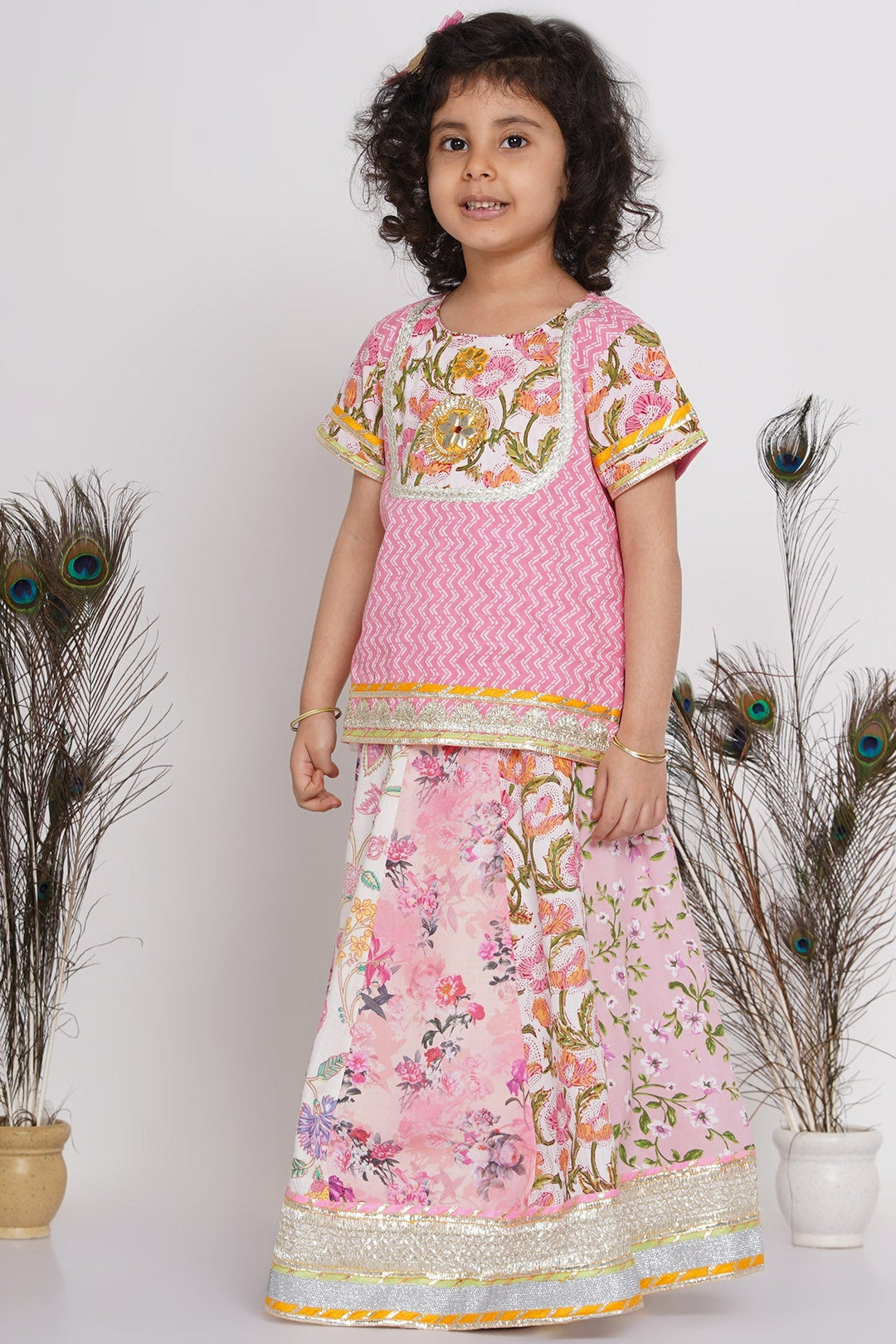 Girls Kali Work Floral Lehenga with Long Jaipuri Kurta and Dupatta in Pink | SHOBITAM
