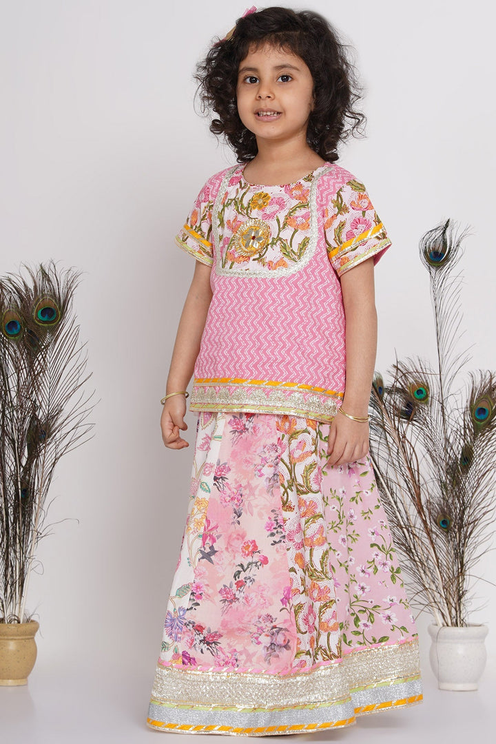 Girls Kali Work Floral Lehenga with Long Jaipuri Kurta and Dupatta in Pink | SHOBITAM