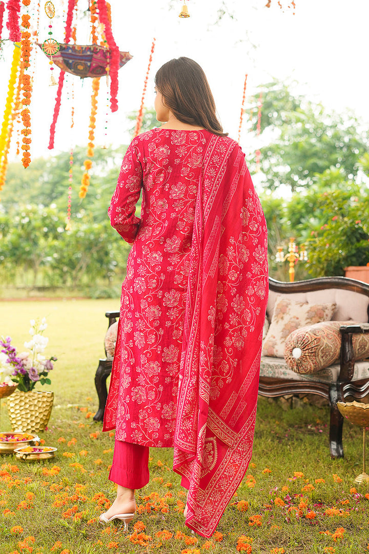 Red Viscose Rayon Floral Embroidered Straight Kurta Trousers With Dupatta | SHOBITAM