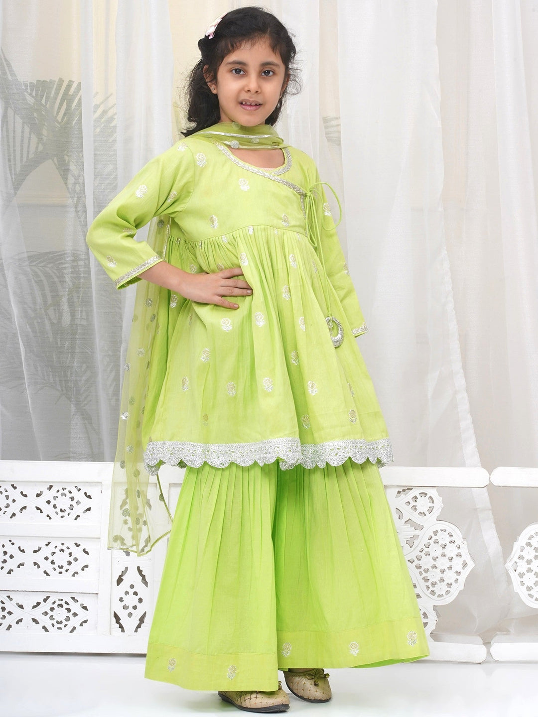 Girls Cotton Three Fourth Sleeves Angrakha Kurta with Sharara and Net Dupatta with Rose & Petal Design Zari Work -Green | SHOBITAM