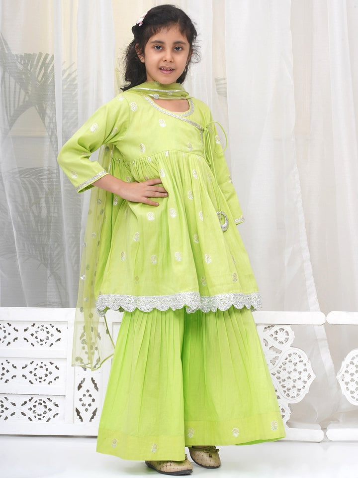 Girls Cotton Three Fourth Sleeves Angrakha Kurta with Sharara and Net Dupatta with Rose & Petal Design Zari Work -Green | SHOBITAM