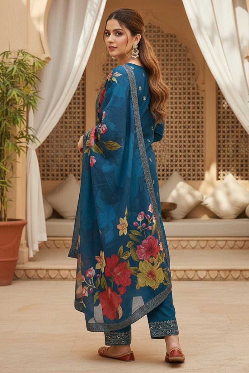 Blue Silk Blend Ethnic Motifs Stoning Straight Kurta Trouser with Dupatta | SHOBITAM