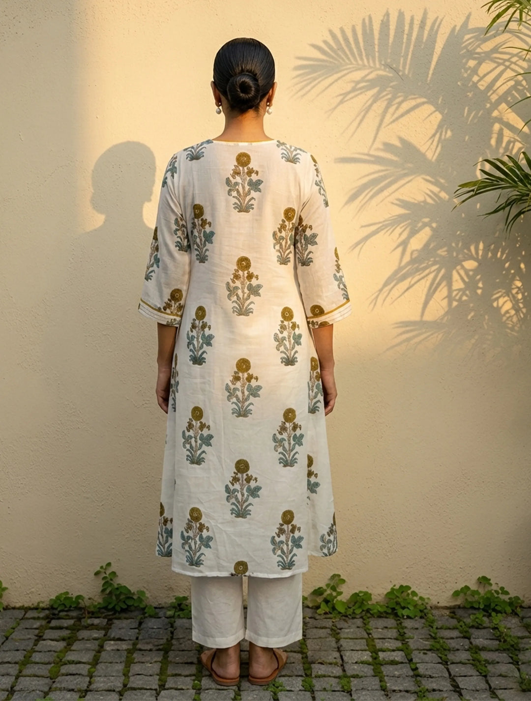 White Yellow Print V-Neck Kurta Pant Dupatta Set | SHOBITAM