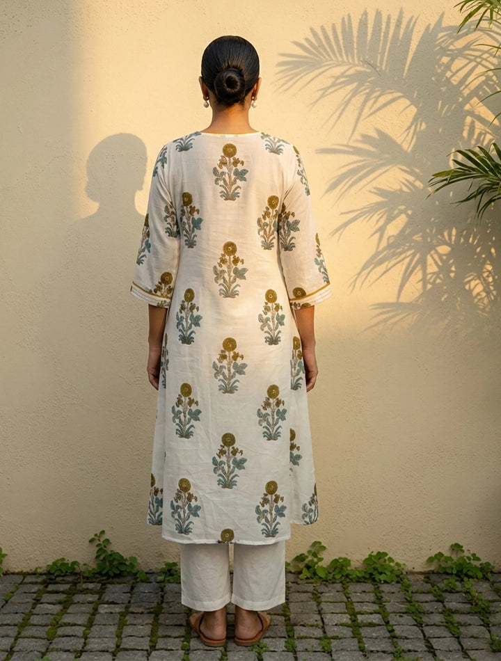 White Yellow Print V-Neck Kurta Pant Dupatta Set | SHOBITAM