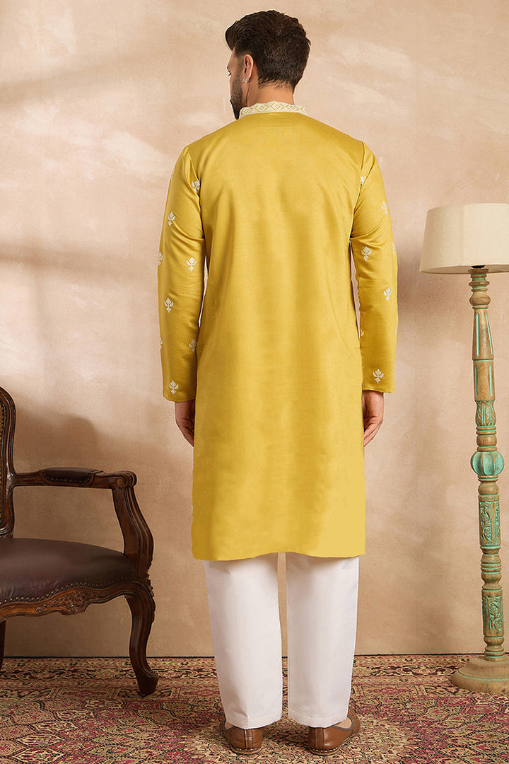 Yellow Polyester Solid Embroidered Straight Kurta With Trouser | SHOBITAM