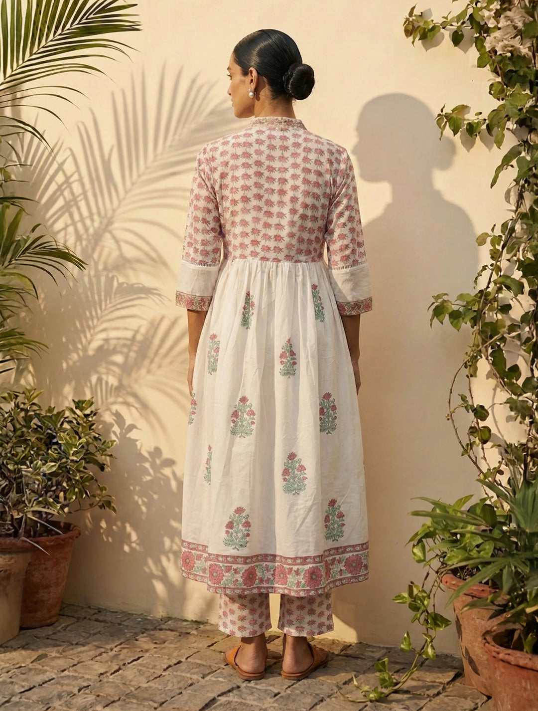 White Pink Boota Print Anarkali Kurta Pant Dupatta Set | SHOBITAM