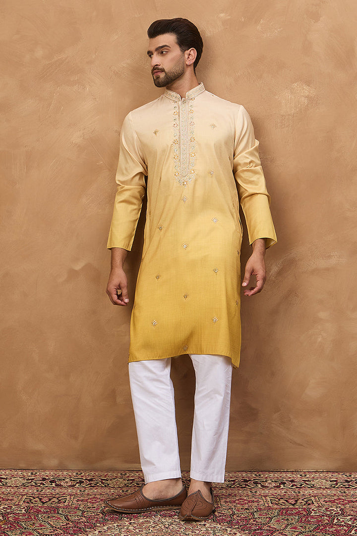 Yellow Silk Blend Solid Embroidered Straight Kurta | SHOBITAM