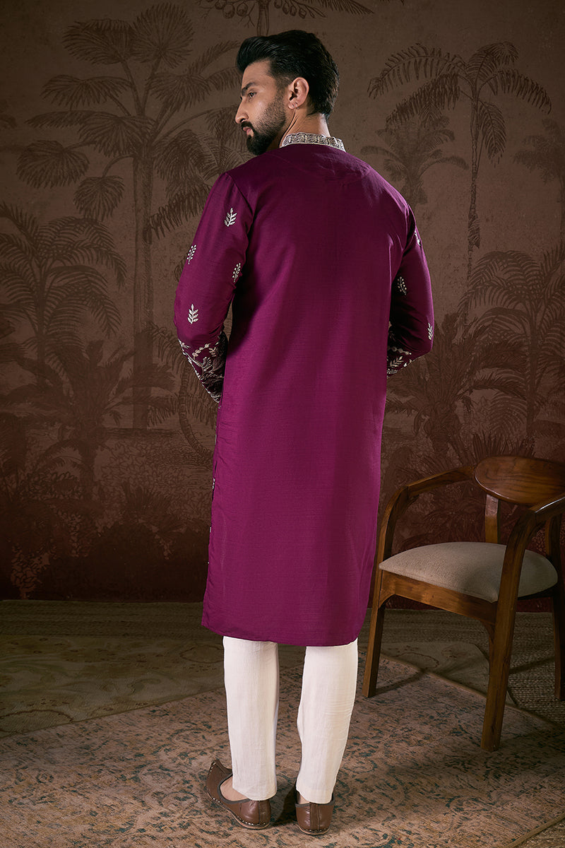Purple Silk Blend Solid Embroidered Straight Kurta With Trouser | SHOBITAM