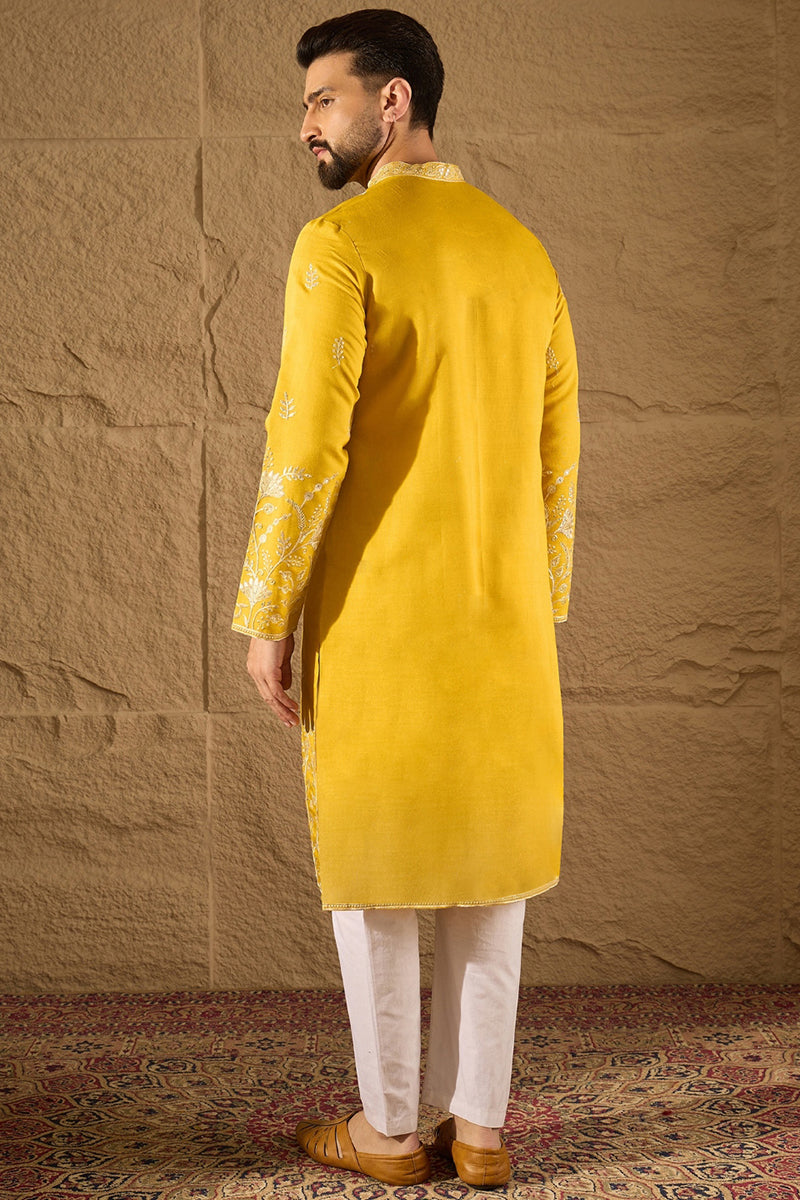 Yellow Chanderi Silk Solid Embroidered Straight Kurta with Trouser | SHOBITAM