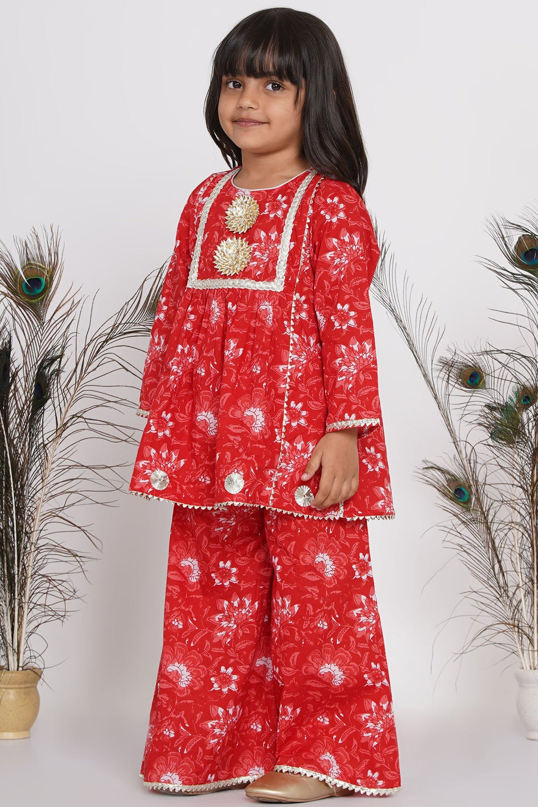 Girls Hand Gotawork Floral Kurta with Red Plazzo & White Dupatta  | SHOBITAM