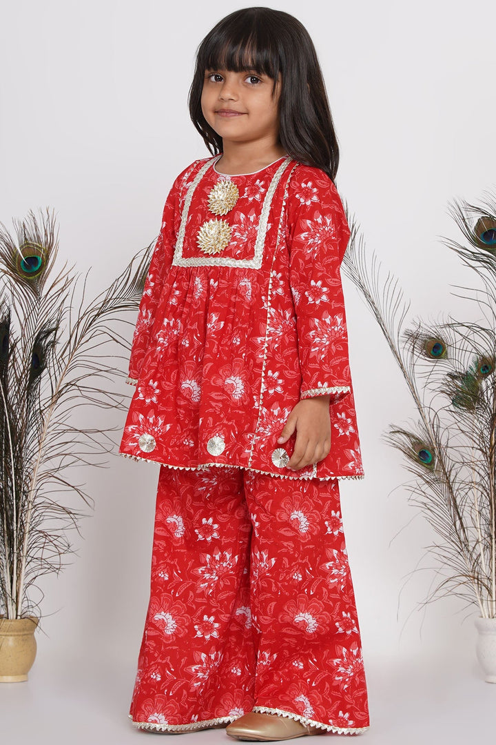 Girls Hand Gotawork Floral Kurta with Red Plazzo & White Dupatta  | SHOBITAM