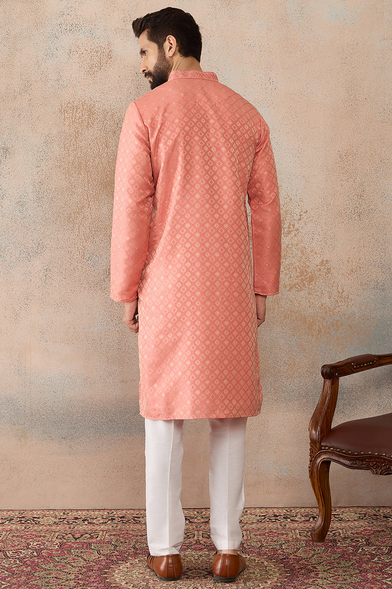 Mens Coral Jacquard Ethnic Motifs Embroidered Kurta | SHOBITAM
