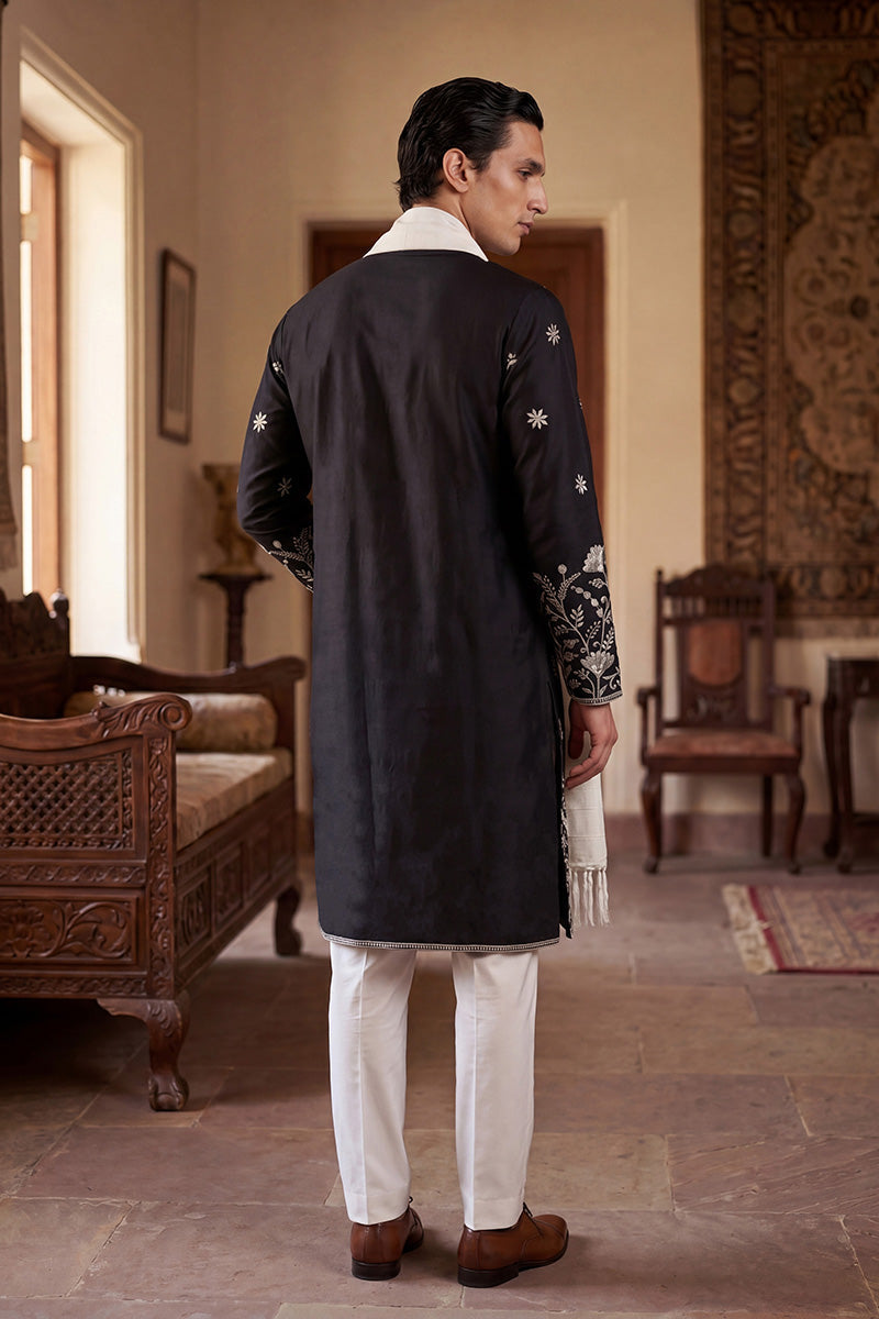 Men Black Silk Blend Solid Embroidered Straight Kurta Sets  | SHOBITAM