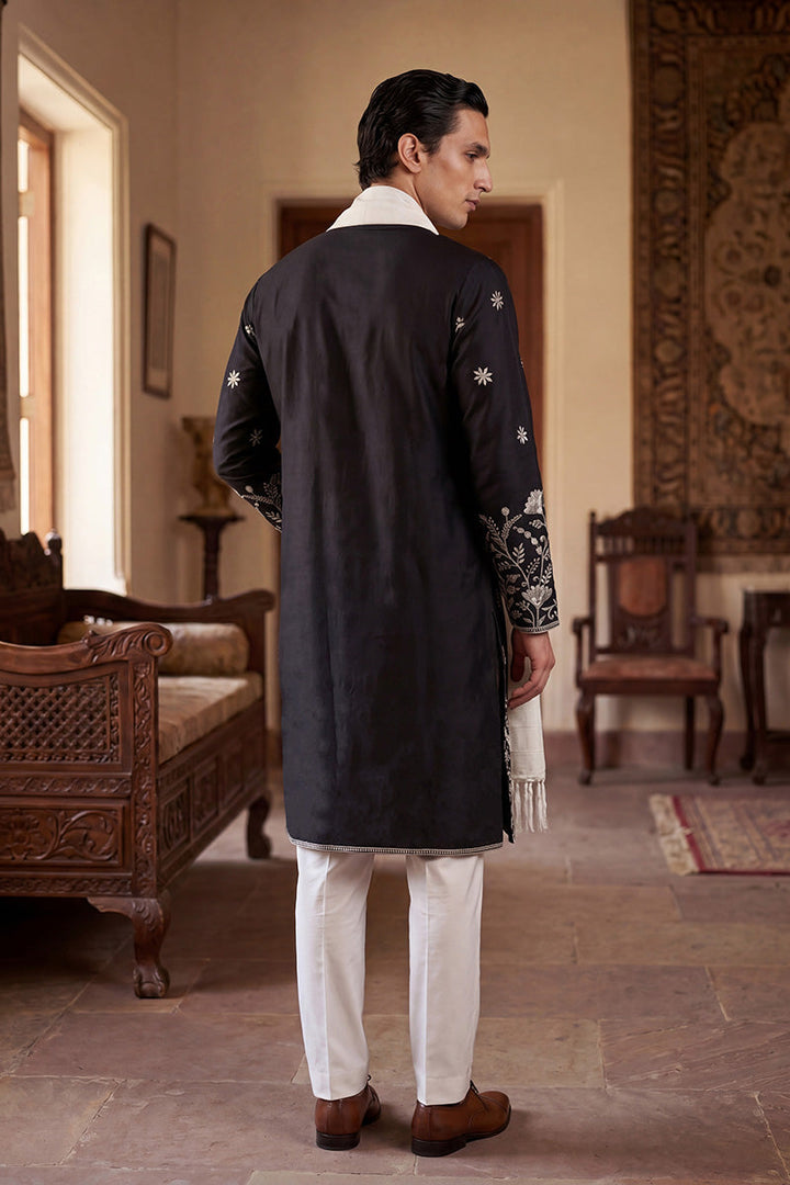 Men Black Silk Blend Solid Embroidered Straight Kurta Sets  | SHOBITAM