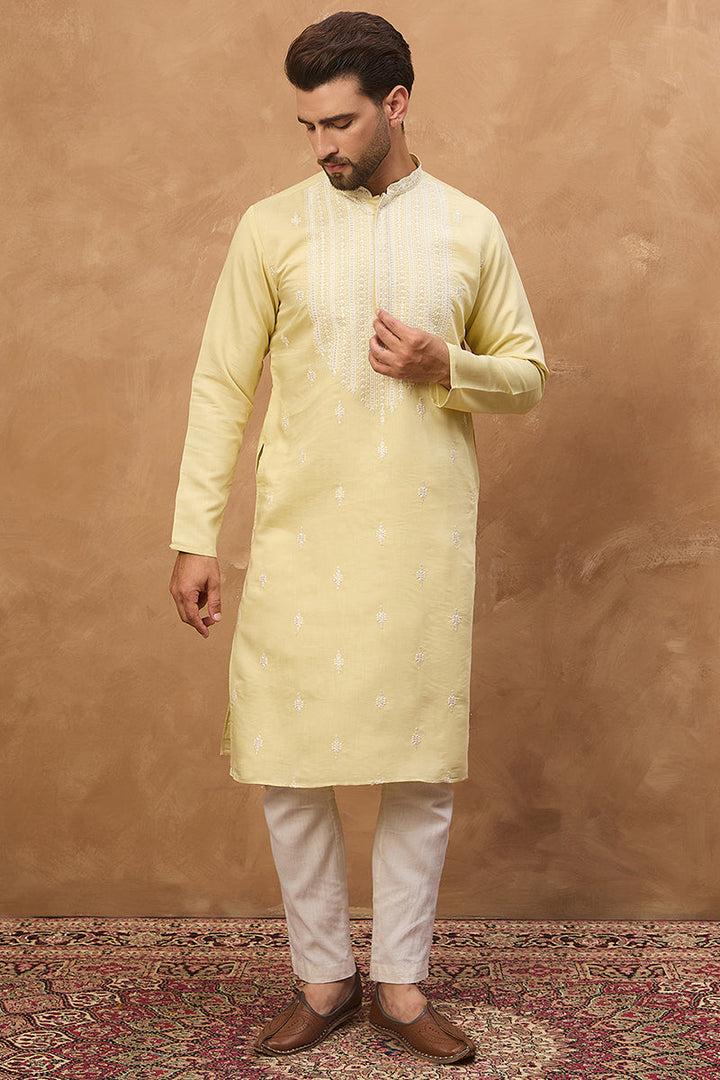 Yellow Silk Blend Solid Embroidered Straight Kurta | SHOBITAM